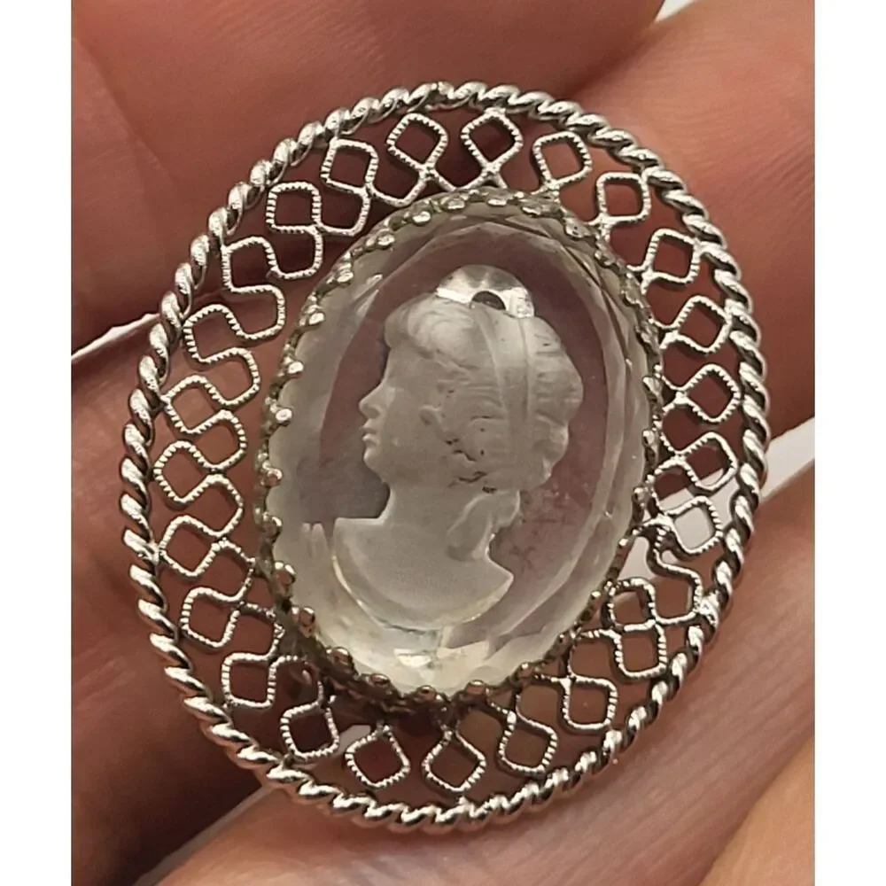 WHITING & DAVIS signed silver carved cameo glass designer clip on earrings 1in